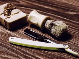 straight razor, soap and brush