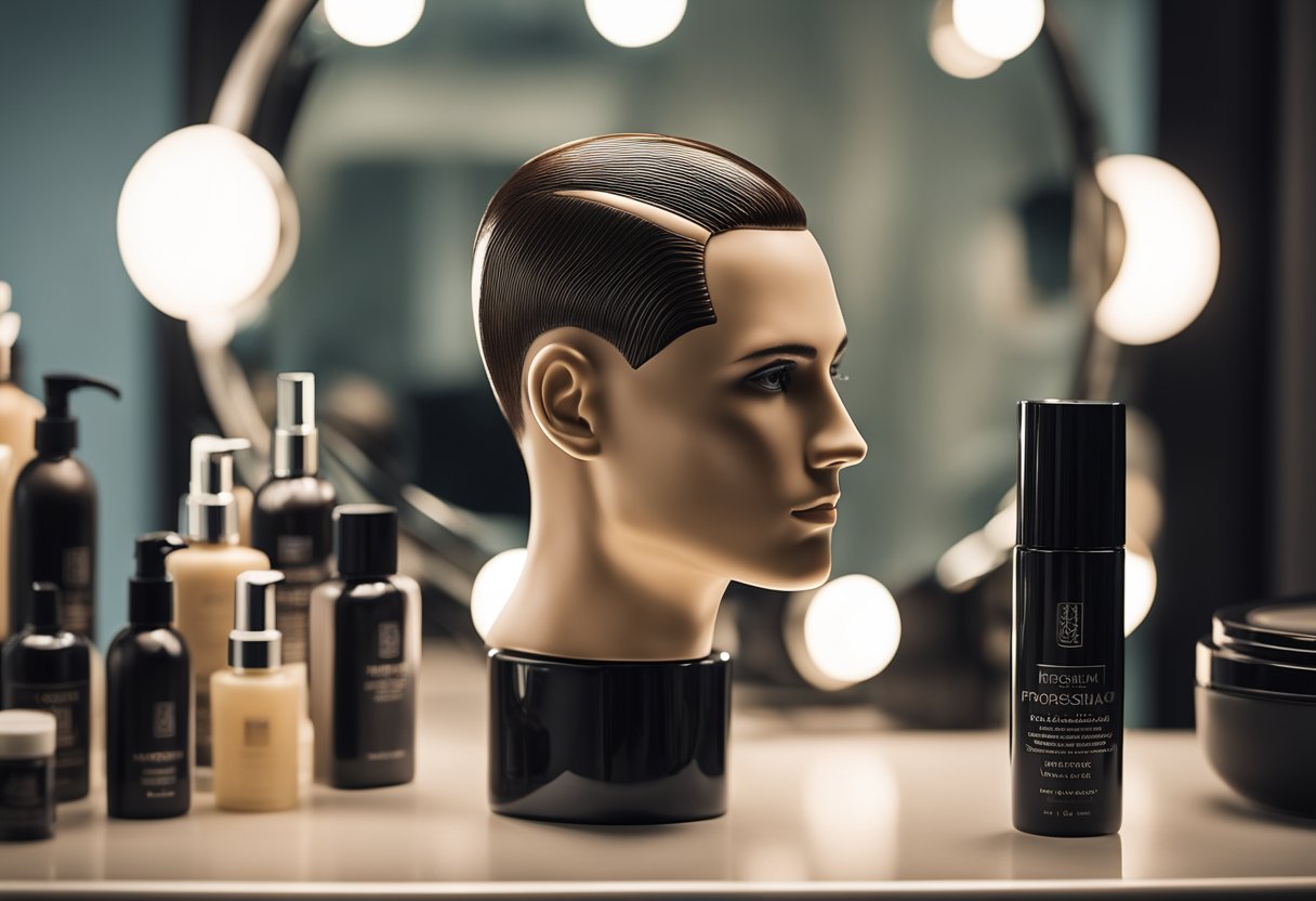 A mannequin head with slicked-back hair, styled with gel and a comb, set on a sleek, modern vanity with a mirror and hair products